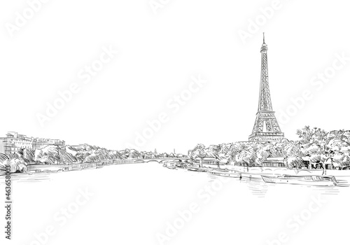 Fototapeta Naklejka Na Ścianę i Meble -  Romantic landscape view of the Eiffel Tower and Sena River. Paris, France. Urban sketch. Hand drawn vector illustration