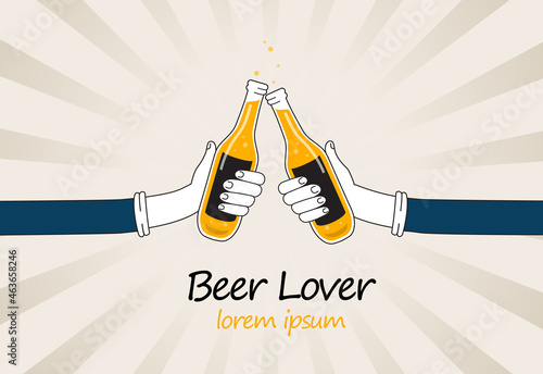 Hands holding beer bottles isolated on background. For web site, poster, placard, t shirt and wallpaper template. Useful for app, banner, flyer, leaflet and cover. Beer bottles vector illustration
