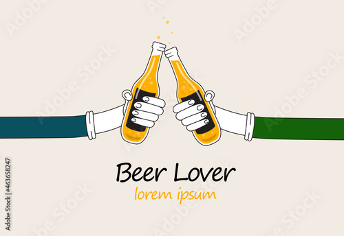 Hands holding beer bottles isolated on background. For web site, poster, placard, t shirt and wallpaper template. Useful for app, banner, flyer, leaflet and cover. Beer bottles vector illustration