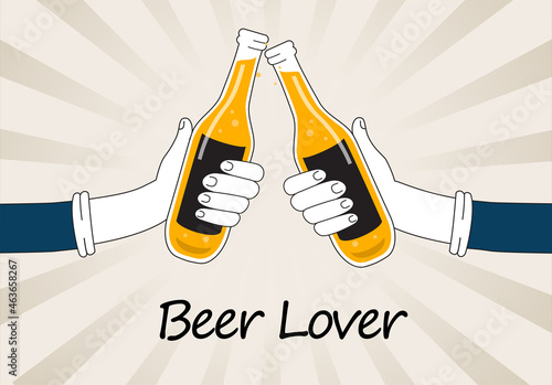 Hands holding beer bottles isolated on background. For web site, poster, placard, t shirt and wallpaper template. Useful for app, banner, flyer, leaflet and cover. Beer bottles vector illustration