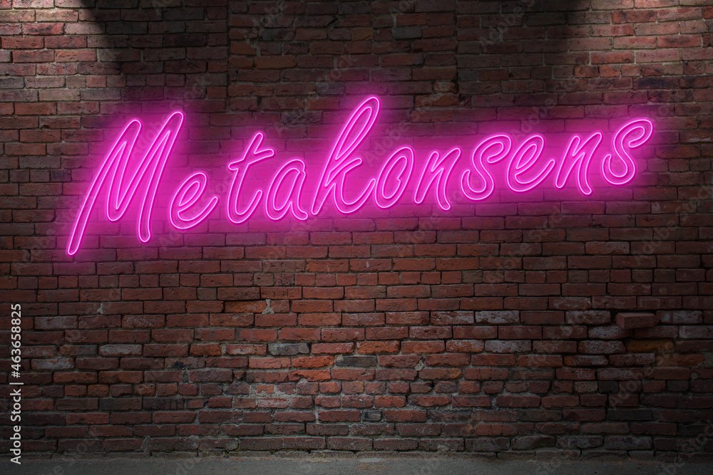 Obraz premium Neon Roleplay Metakonsens lettering on Brick Wall at night