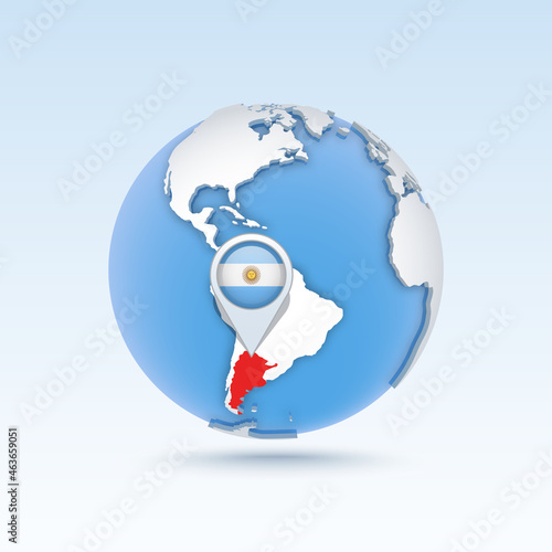 Argrntina - country map and flag located on globe, world map. photo
