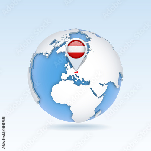 Austria - country map and flag located on globe, world map.