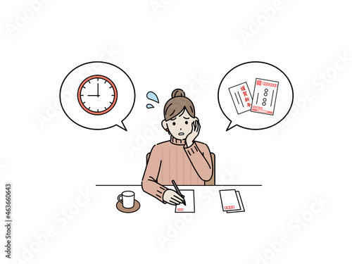 年賀状　はがき　忙しい　時間がない　困る女性　主婦　イラスト素材
