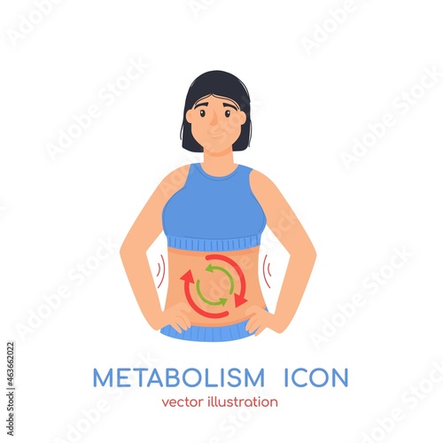 Metabolism icon. Healthy metabolic process, digestion, calories burning, circle arrows on female cartoon character belly