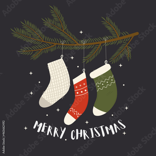 Merry christmas card with hanging cute socks on pine branch. Doodle vector illustration. Winter holiday greeting. Hand drawn noel banner on black background