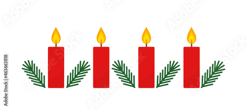 Red advent Christmas candles and fir branches.