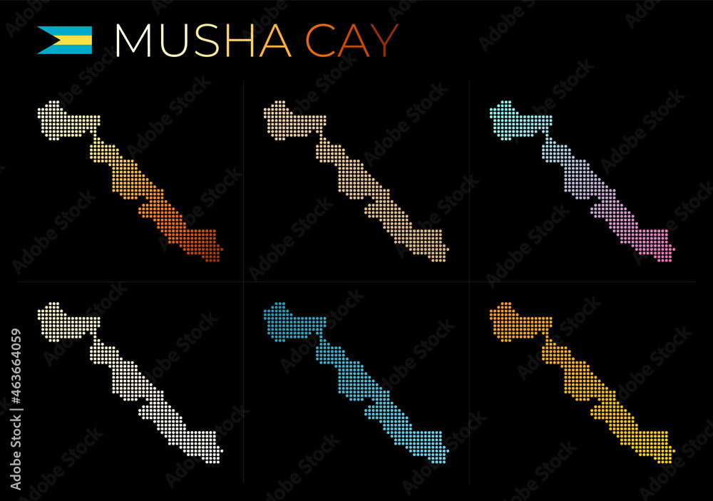 Fototapeta premium Musha Cay dotted map set. Map of Musha Cay in dotted style. Borders of the island filled with beautiful smooth gradient circles. Radiant vector illustration.
