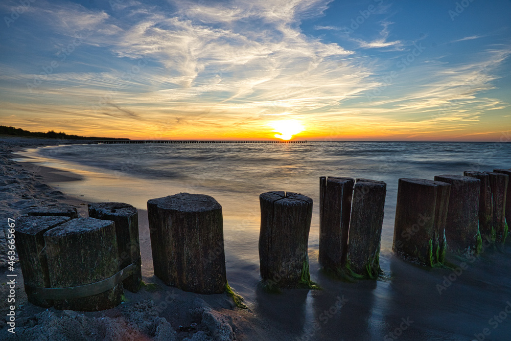 groynes jutting into the sea. taken in zingst on the darss. groynes jutting into the sea. taken in zingst on the darss.
