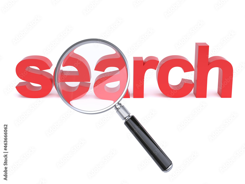 Magnifier over Search letters on white background 3d rendering Magnifier over Search letters on white background 3d rendering