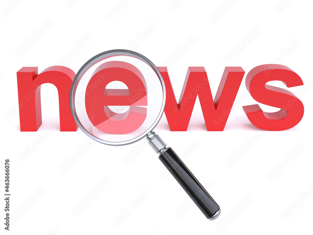 Magnifier over News letters on white background 3d rendering Magnifier over News letters on white background 3d rendering