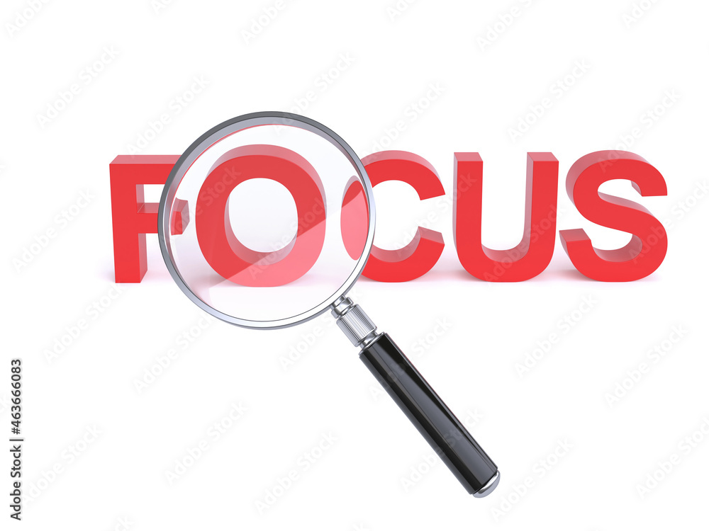 Magnifier over Focus letters on white background 3d rendering Magnifier over Focus letters on white background 3d rendering