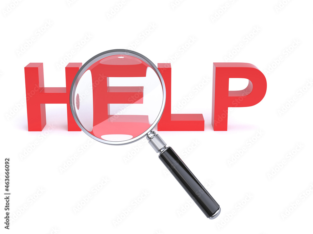 Magnifier over Help letters on white background 3d rendering Magnifier over Help letters on white background 3d rendering