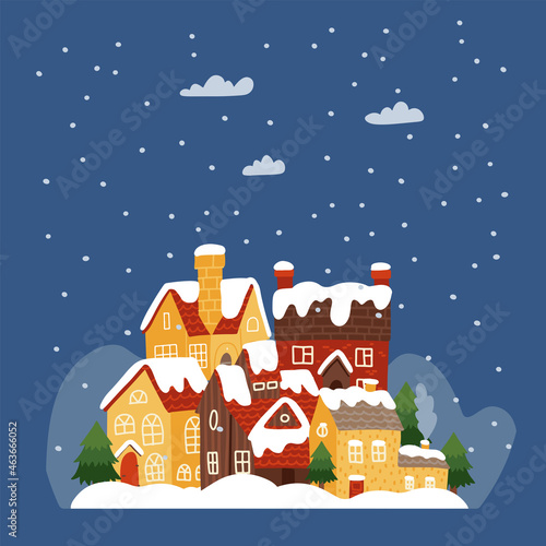 Colorful cute city with different size houses at snowy winter night. Small town with old buildings and fir trees. Christas card background. Flat hand drawn vector illustration