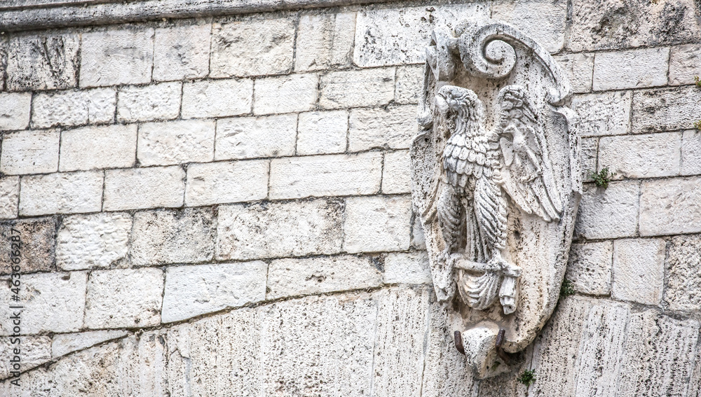 Statue of an eagle on the facade of the medieval sign in Italy. Monument of architecture on the streets of the city of Rome. Light wall background for copy space, travel to Europe