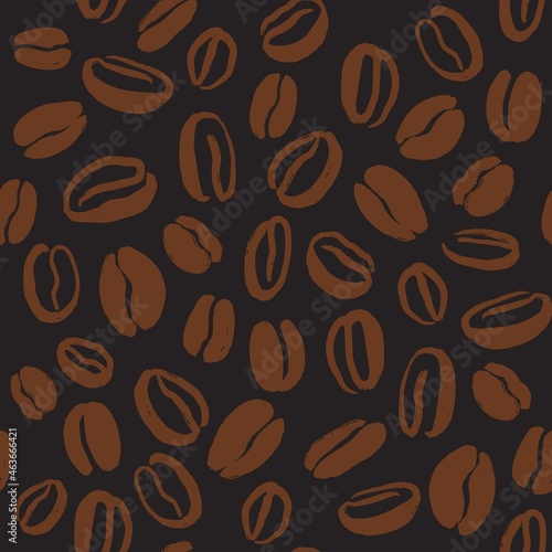 Coffee beans seamless pattern. Vector hand drawn illustration in brown color on dark background. Pattern for package  wallpaper  wrapping paper  menu or textile design.
