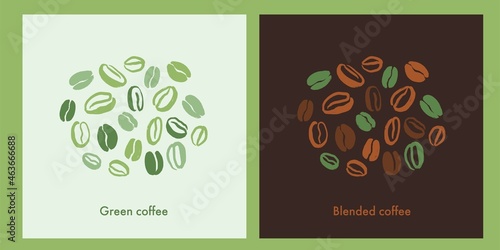 Coffee beans of varying degrees of roast and green coffee. Vector hand drawn illustration in brown  colors. Illustration for package, poster, menu or textile design.