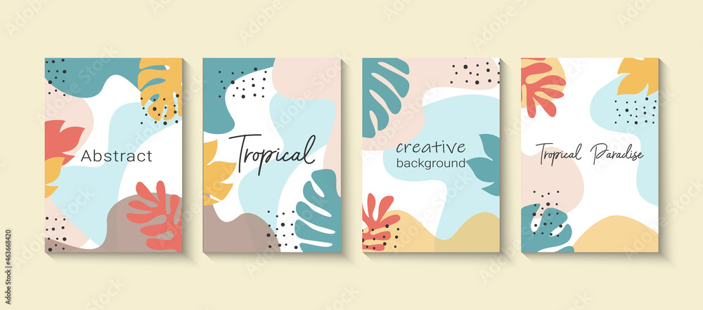Creative vector set for social media stories and post. Background template with copy space for text and images. Abstract colored shapes, line arts, tropical leaves.
