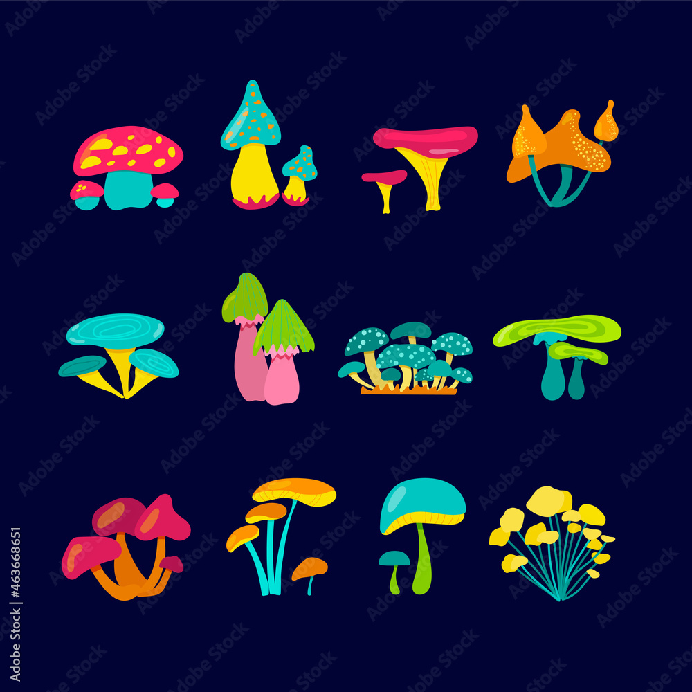 Naklejka premium A set of fabulous mushrooms. Bright, fantastic mushrooms for application or clip art. Cartoon ingredients for a witch or alien.