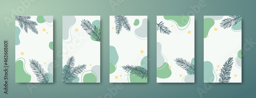 Christmas  New Year Trendy Editable Stories Templates Set. Abstract Shapes and Pine Spruce Branches for Social Networks Backgrounds. Social Media Holiday Greeting Cards or Banners Collection