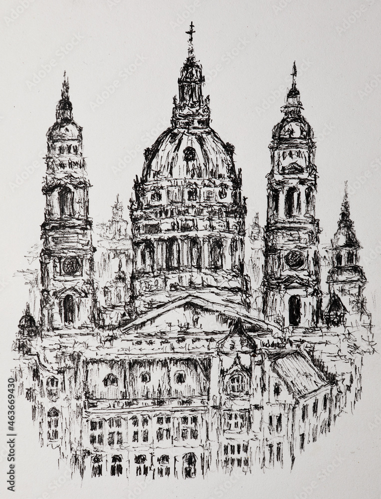 Illustration - old town. Hand drawing of the tops of old buildings with church domes. Budapest drawn by a liner