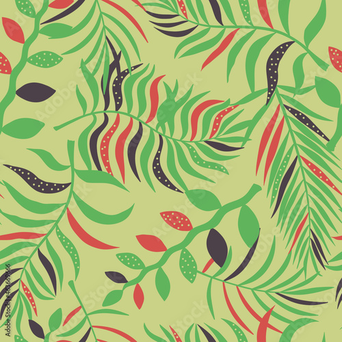 Tropical background with palm leaves. Seamless floral pattern. Summer vector illustration. Flat jungle print