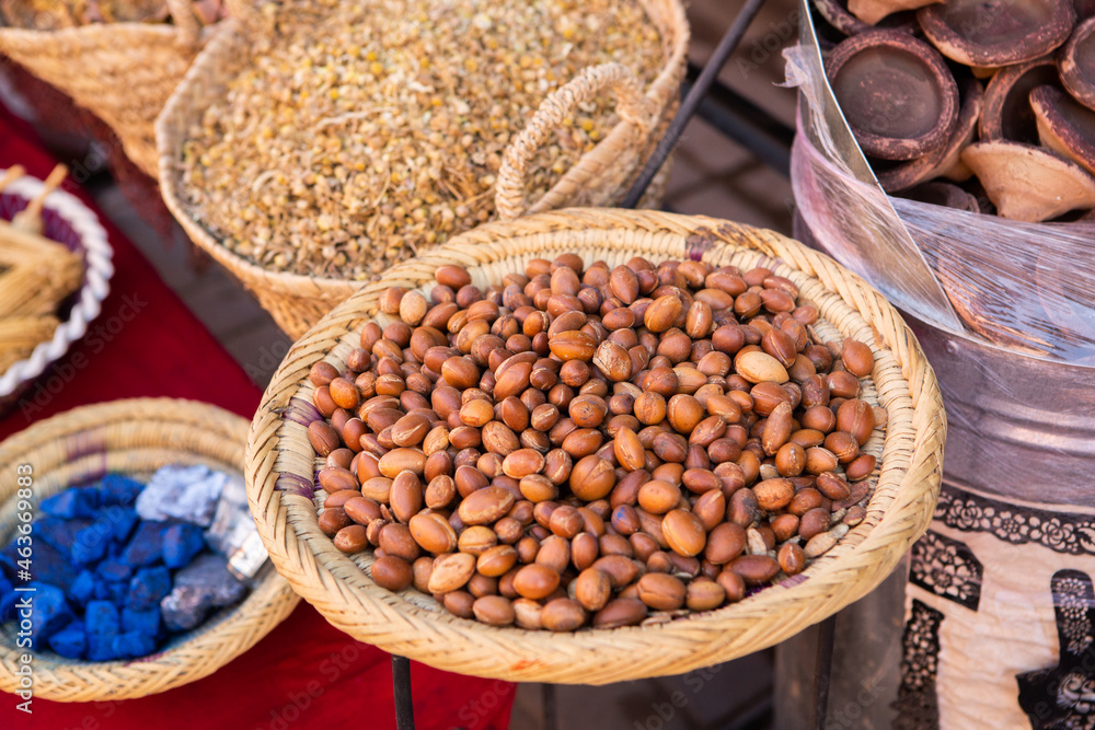 Morrocan local market on the streets with spices, nuts, fish, fruits and vegetables. Morrocan local market on the streets with spices, nuts, fish, fruits and vegetables.