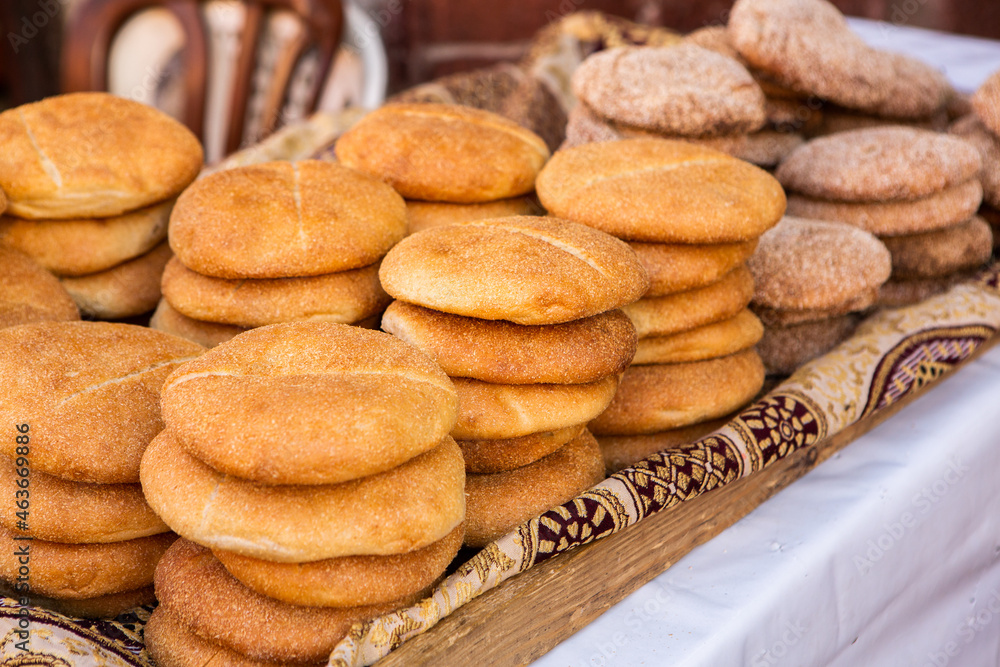 Morrocan local market on the streets with bread Morrocan local market on the streets with bread