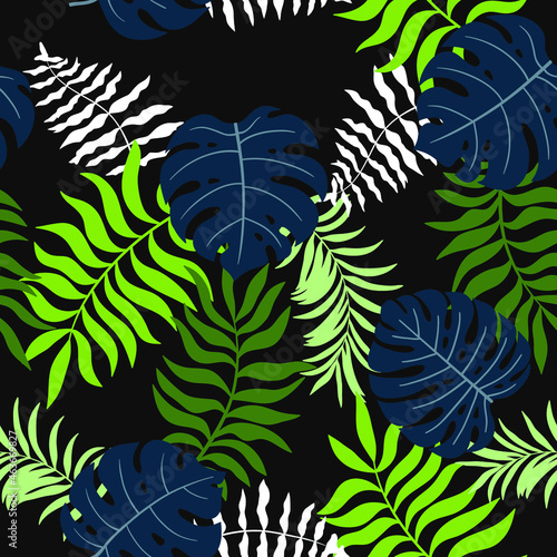 Tropical background with palm leaves. Seamless floral pattern. Summer vector illustration. Flat jungle print