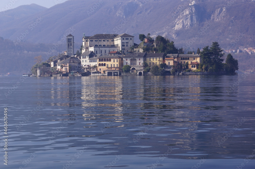 A view of Isola San Giulio facing Orta San Giulio village, in Lake Orta