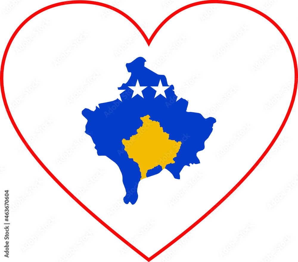 Fototapeta premium Map of Kosovo with national flag inside white heart shape with red stroke