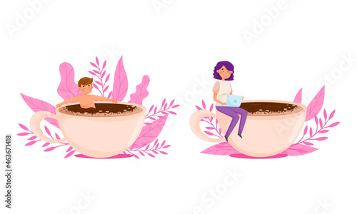 Coffee lovers concept. Tiny people swimming in coffee cup, girl sitting on edge of cup of hot beverage cartoon vector illustration