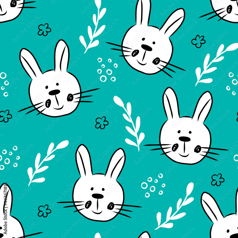 Seamless pattern with cute hand drawn bunny head in doodle style,easter illustration with rabbit,holiday decoration,print for wrapping paper,textile and fabric,kids and baby fashion,nursery design. 