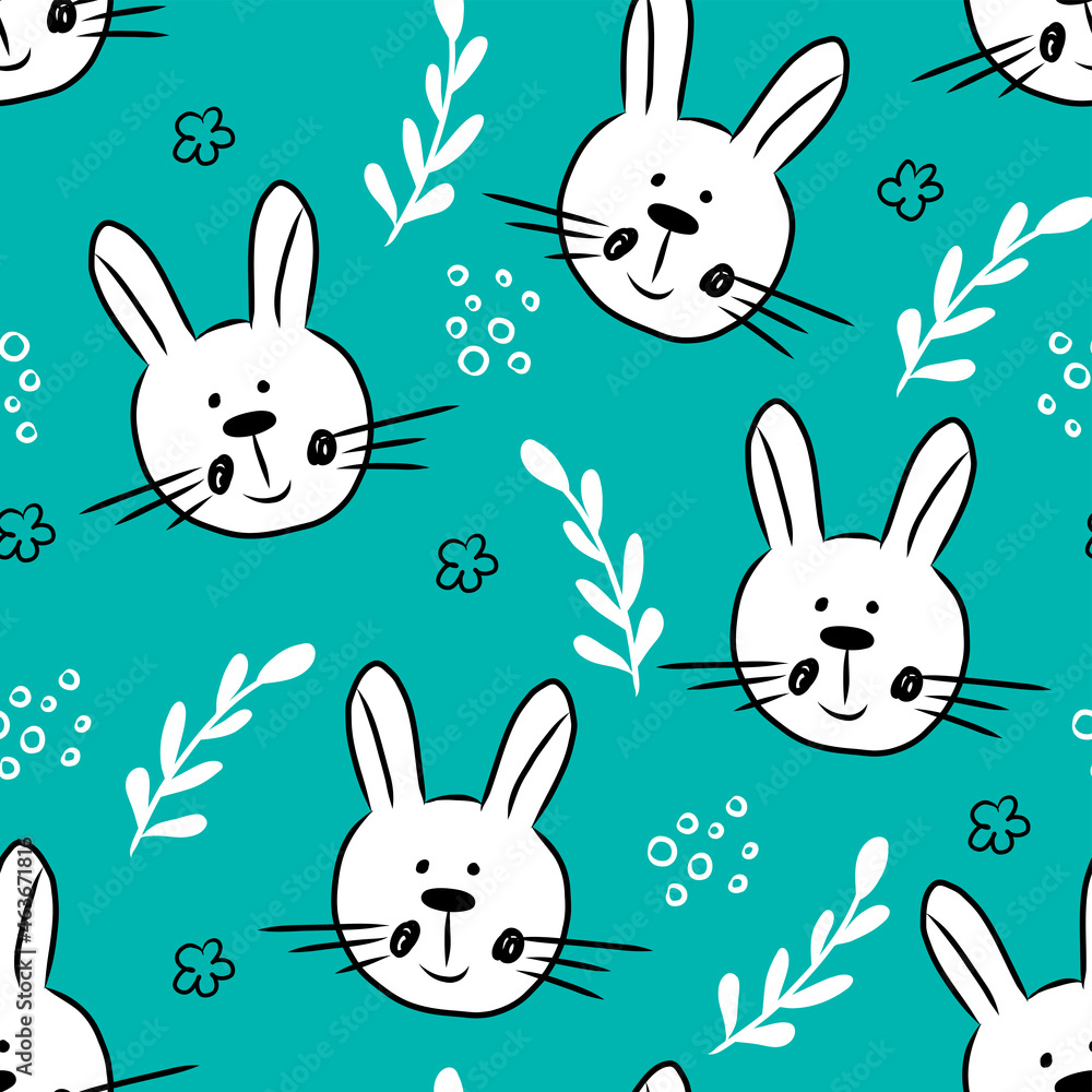 Seamless pattern with cute hand drawn bunny head in doodle style,easter illustration with rabbit,holiday decoration,print for wrapping paper,textile and fabric,kids and baby fashion,nursery design. Seamless pattern with cute hand drawn bunny head in doodle style,easter illustration with rabbit,holiday decoration,print for wrapping paper,textile and fabric,kids and baby fashion,nursery design.