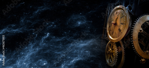 The mechanism of an old antique watch in outer space. Philosophy image of time transience. © hacohob