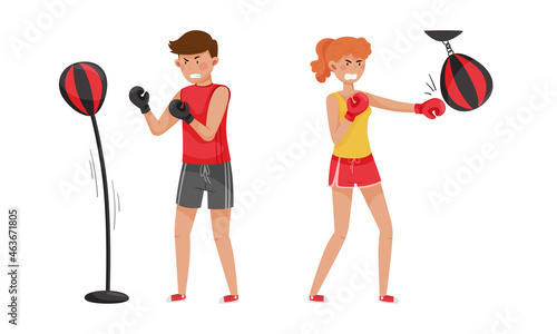 Ways to relax set. People boxing with punching bags. Daily activity or hobby cartoon vector illustration