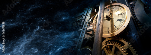 The mechanism of an old antique watch in outer space. Philosophy image of time transience.
