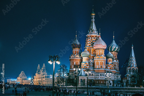 Christmas Moscow. New year in the capital of Russia. Christmas evening in the center of Moscow. St. Basil Cathedral on the background of a winter landscape. New year celebration in Russia.