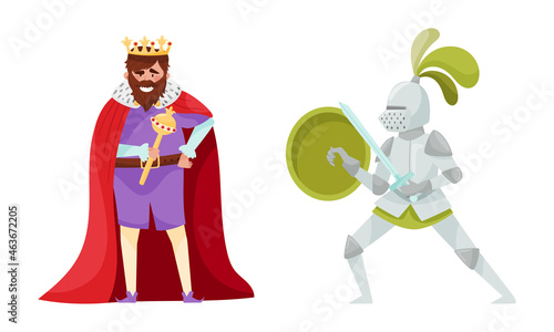 Medieval people set. King and knight European middle ages historical characters cartoon vector illustration