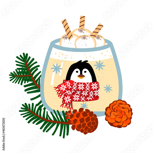 Christmas drink Eggnog  in a glass cup and pine cones.Flat cartoon  dessert  decorated with cream and sweets. Holiday cute mug with a penguin head with a patterned scarf.Isolated vector illustration.