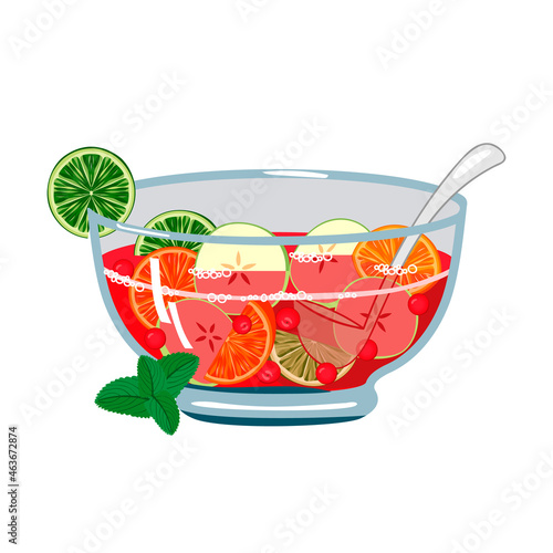 Glass punch bowl with apples, oranges, limes, berries and mint leaves.Flat cartoon holiday drink.Isolated vector illustration.Perfect for party invitations,greeting cards,icons,stickers,scrapbooking.