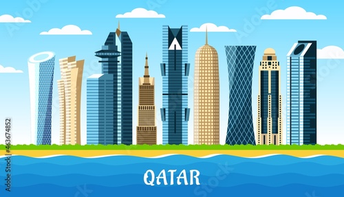 Doha city skyscrapers Qatar. Cityscape of skyscrapers on the horizon. Vector illustration.