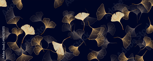 Luxury black and white background with golden ginkgo leaves. Botanical drawing for an interior in an oriental style.