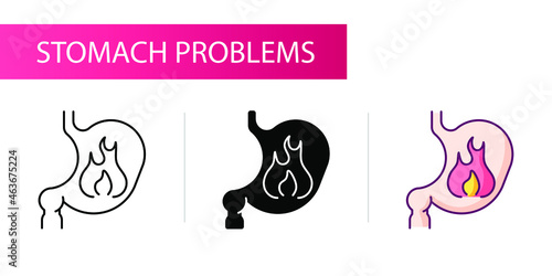 Symptoms of stomach problems (fire). Line icon concept