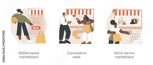 E-commerce application abstract concept vector illustration set. Mobile based marketplace, consultative sales, niche service online retail, buy and sell products with smartphone abstract metaphor.