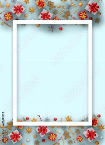 Vertical image of a card with gifts and Christmas decorations  top view