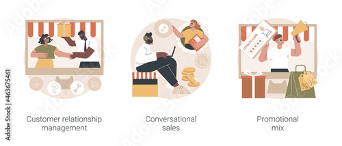 Selling strategy abstract concept vector illustration set. Customer relationship management, conversational sales, promotional mix, CRM lead management, make purchase decision abstract metaphor.