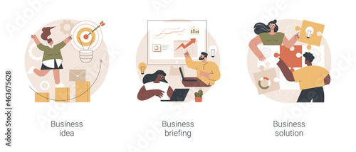 Business plan development abstract concept vector illustration set. Business idea, briefing and teamwork task discussion, problem solving and decision making, creating new ideas abstract metaphor.