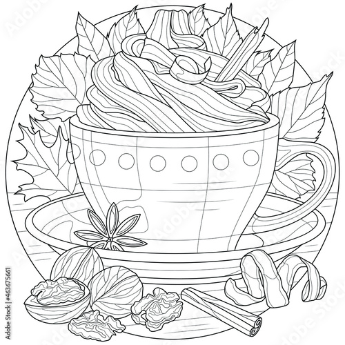 Latte with cinnamon, nuts and autumn leaves. Hot drink.Coloring book antistress for children and adults. Illustration isolated on white background.Black and white drawing.Zen-tangle style.