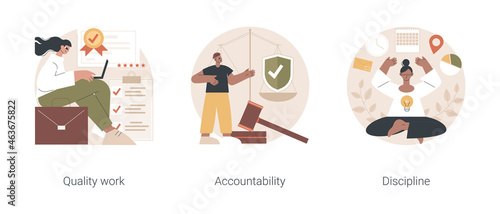 Employee performance abstract concept vector illustration set. Quality work, accountability and discipline, experienced worker, leadership role, legal liability, action and decision abstract metaphor.